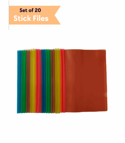 A collection of 20 vibrant plastic stick files arranged together, showcasing various colors for organizing documents.