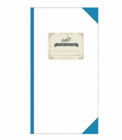 A blue notebook featuring a white cover with a blue border, resting on a flat surface