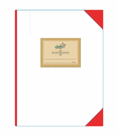 A business card featuring a red border and a prominent gold logo at the center
