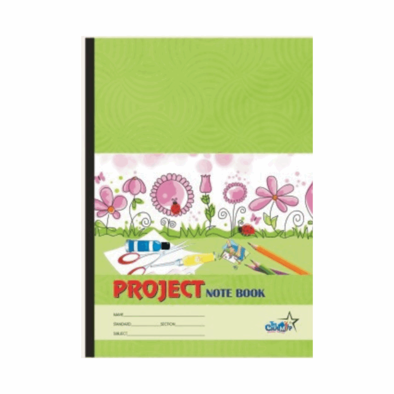 Project notebook with a green cover adorned with colorful flowers, resting on a wooden surface