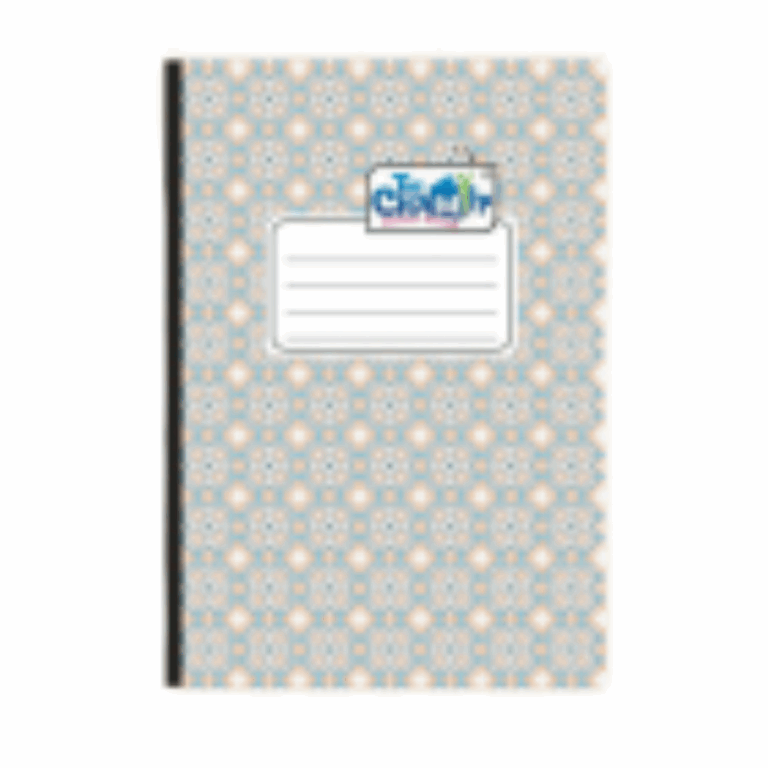 A notebook featuring a blue and white patterned cover, showcasing an elegant design.