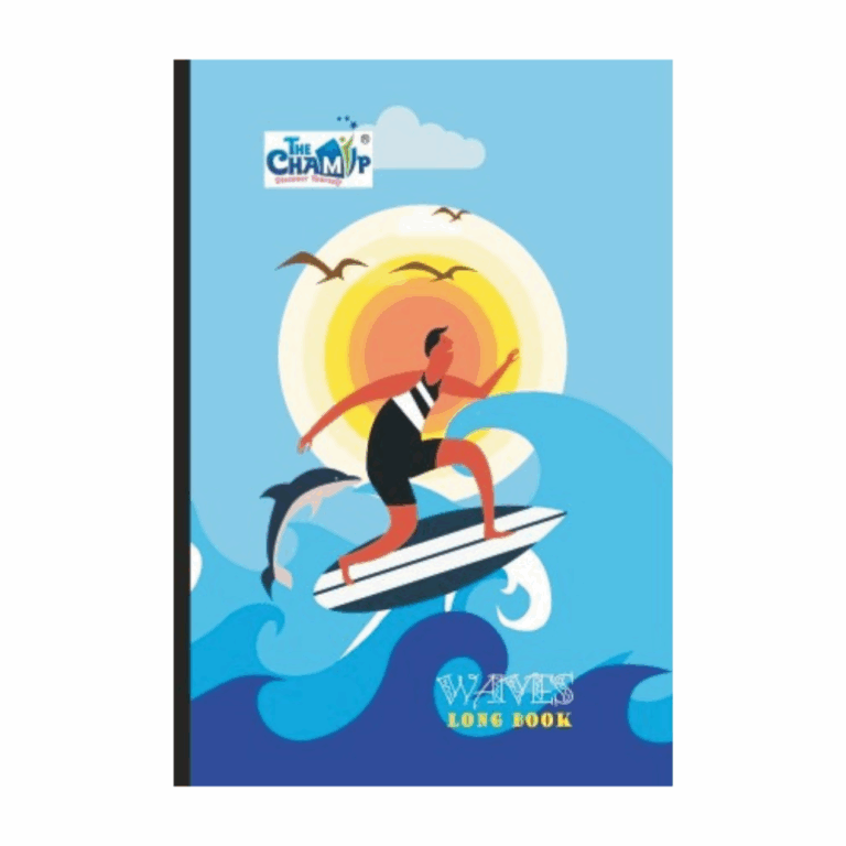 A notebook with a design of a man riding a surfboard, capturing the thrill of surfing in the ocean