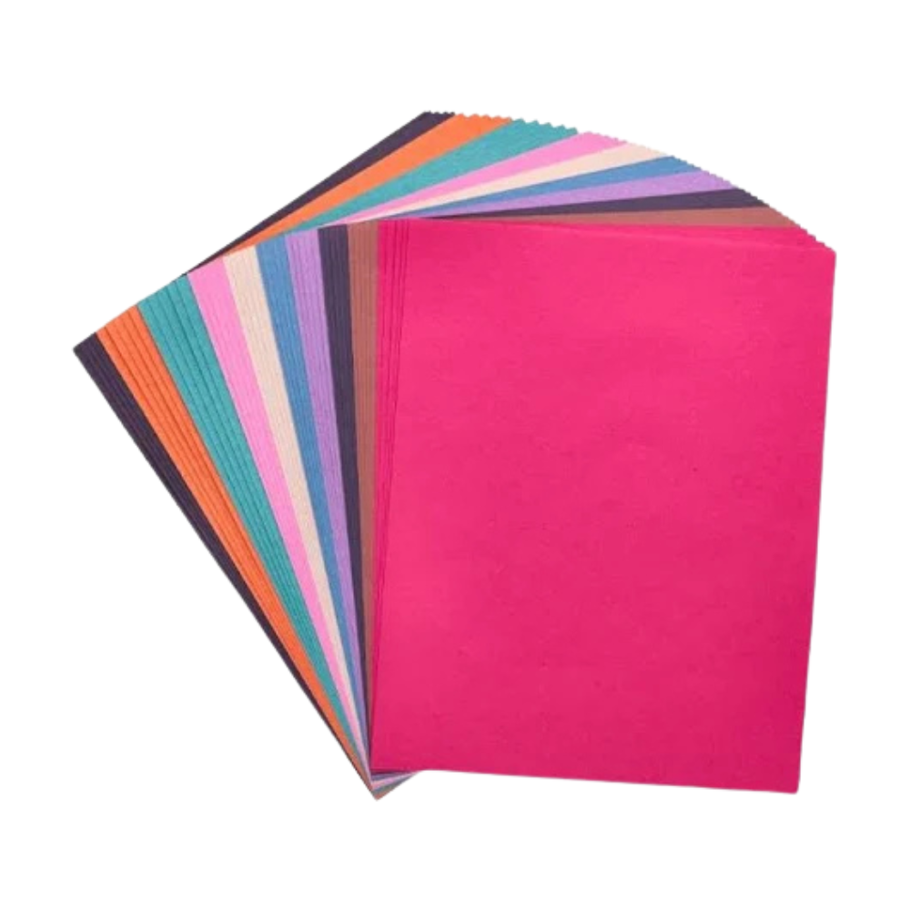 A neatly organized stack of colorful paper sheets, featuring multiple shades ideal for crafting and design activities. A neatly organized stack of colorful paper sheets, featuring multiple shades ideal for crafting and design activities.