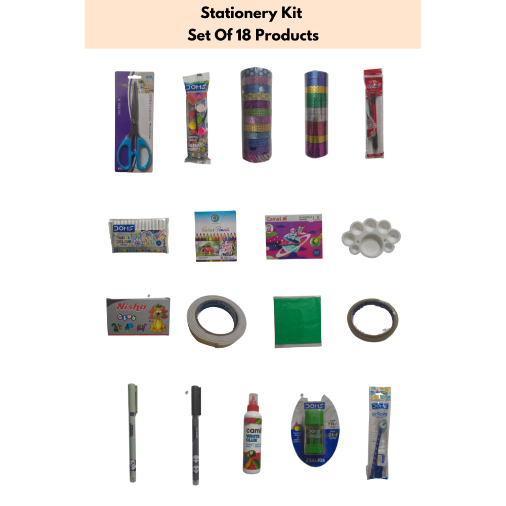 Flipkart - Listing (37) A stationery kit featuring 18 assorted products, including pens, pencils, and notebooks, neatly arranged in a box.